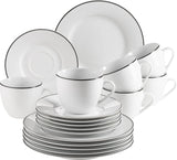 Mäser Serie Nola moderno servicio de café para 6 personas, blanco con borde negro, vajilla de 18 piezas, tazas de café, platillos y platos de postre, servicio de café redondo, juego de café blanco