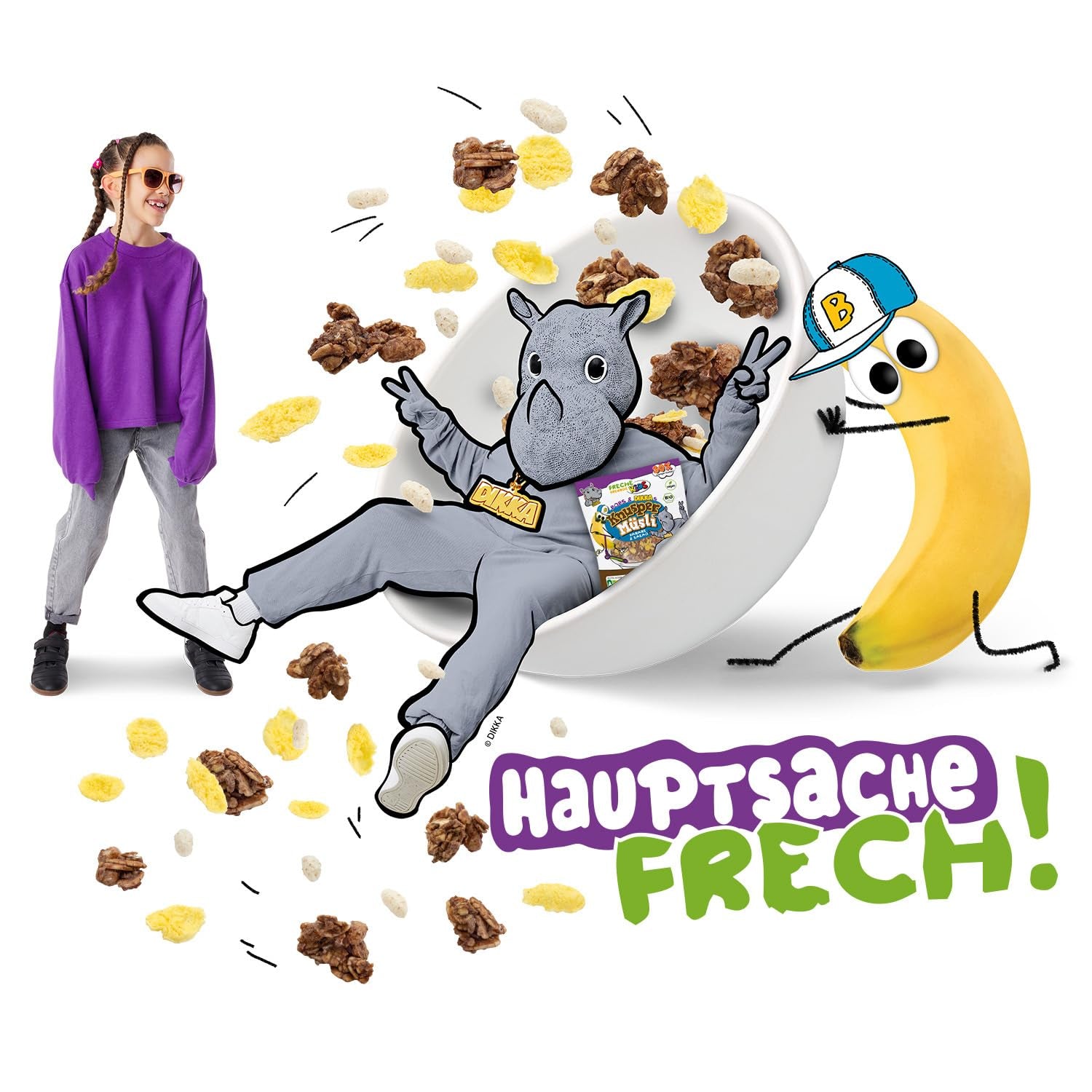 FRECHE FREUNDE KIDS, Bobs & DIKKAs Muesli crujiente de plátano y cacao, Muesli crujiente de chocolate para niños, bajo en azúcar, sin aditivos, 100% vegano, 6 piezas (6 x 280 g)