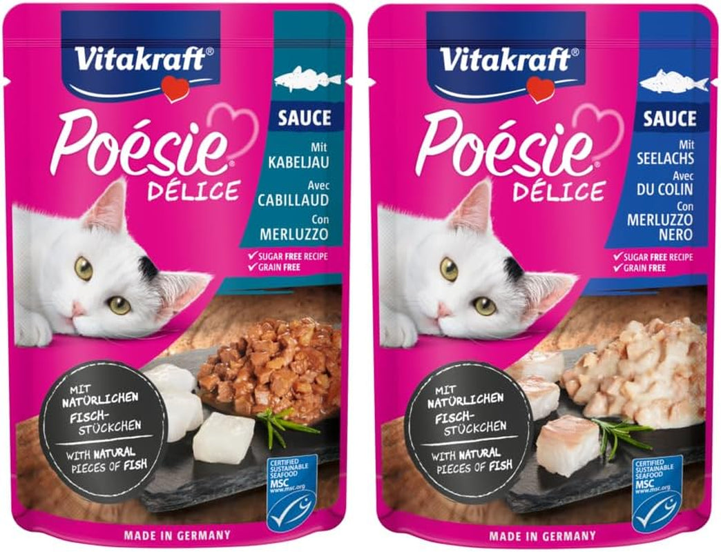 Vitakraft Poésie Délice, Selección de Pescado, Nassfutter Katze, Katzennassfutter en Salsa, mit Seelachs, mit Kabeljau, ohne Zusatz von Zucker und Getreide (1 paquete con 6 x 85 g)