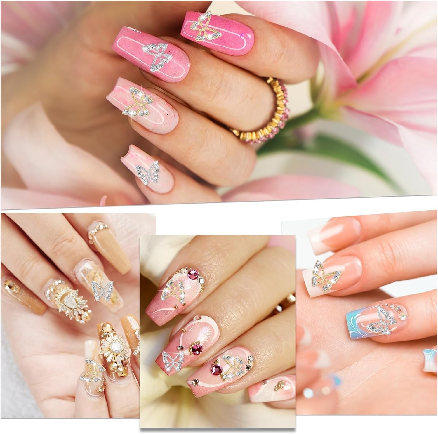 20 piezas de dijes de uñas de mariposa con purpurina, diamantes de imitación para decoración de uñas, piedras para uñas, arte de uñas de mariposa, diamantes de imitación, dijes de uñas para el día de San Valentín, decoración de caja de teléfono móvil DIY