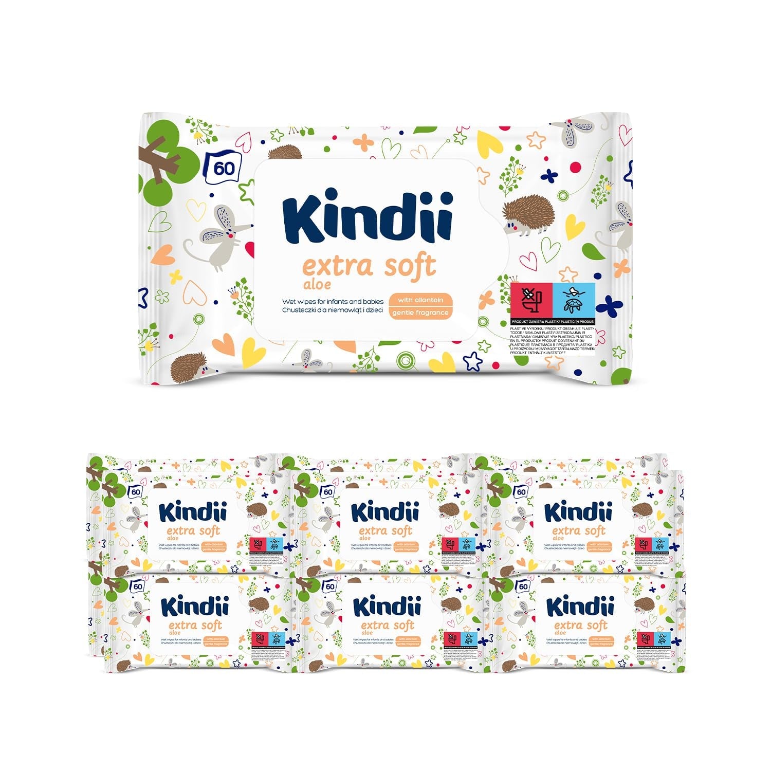 Toallitas húmedas Kindii Natural Balance para bebés - (1 x 60 uds.) Toallitas húmedas para bebés y niños - Protectoras, Aloe Vera, Fragancia delicada - 60 uds.