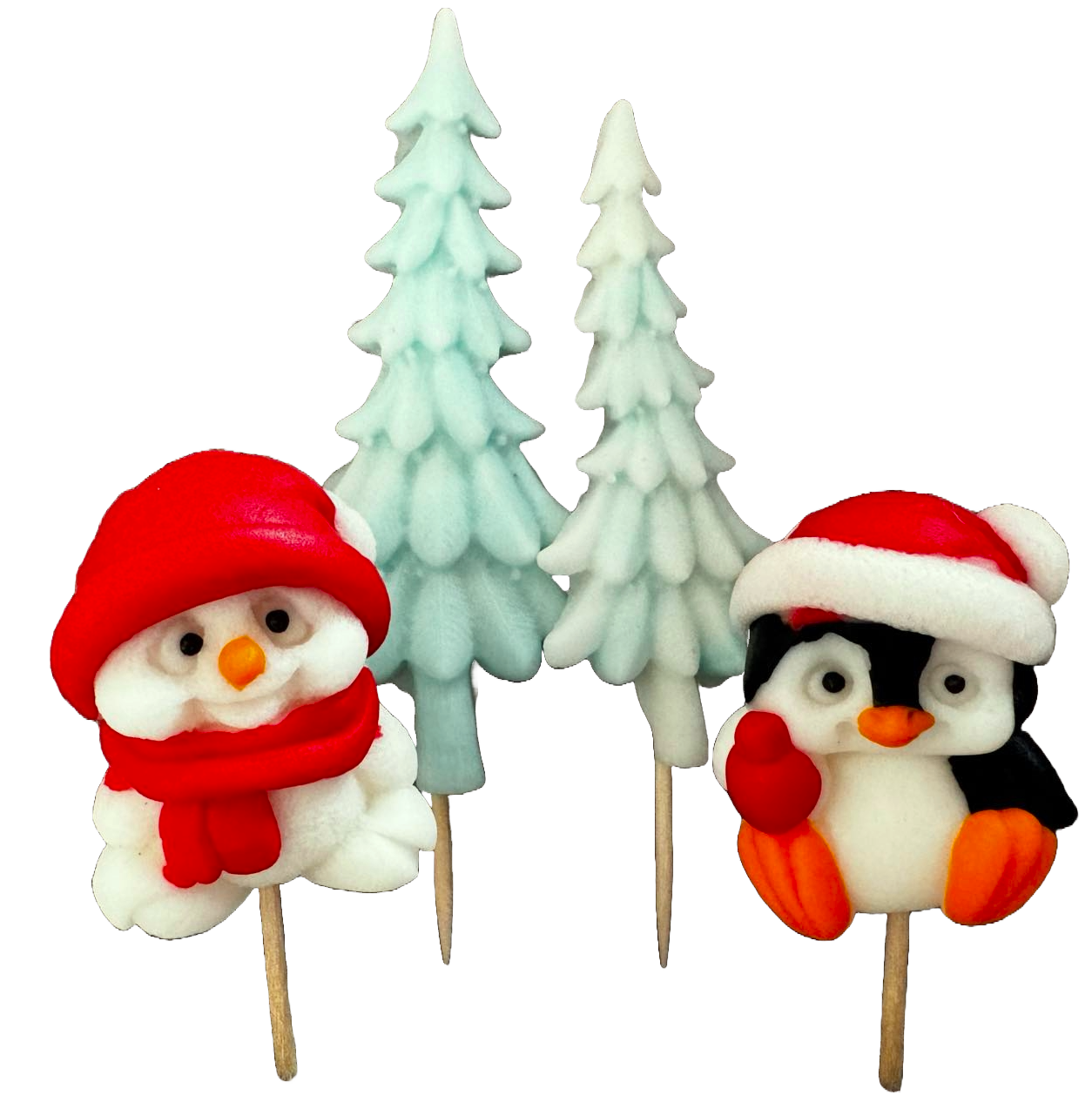 Set de 4 adornos comestibles de pasta de azúcar, Navidad, pingüino, oso y árbol de Navidad Adornos de pasta de azúcar Naty Shop