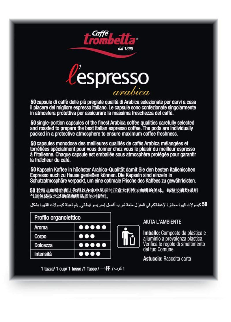 Caffè TROMBETTA L'Espresso, Italian Kaffee Nespresso compatible Kapseln. Aus 100% Arábica con einem vollmundigen und körperreichen - 50 Kapseln, 50 Stück (paquete de 1)