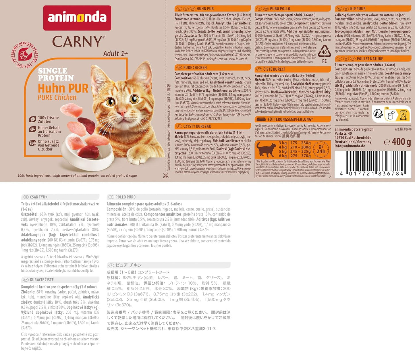 animonda Carny Adult Single Protein Pure Pollo (6 x 400g), comida húmeda para gatos adultos con una única fuente de proteínas, comida húmeda para gatos adultos, sin cereales y sin azúcar