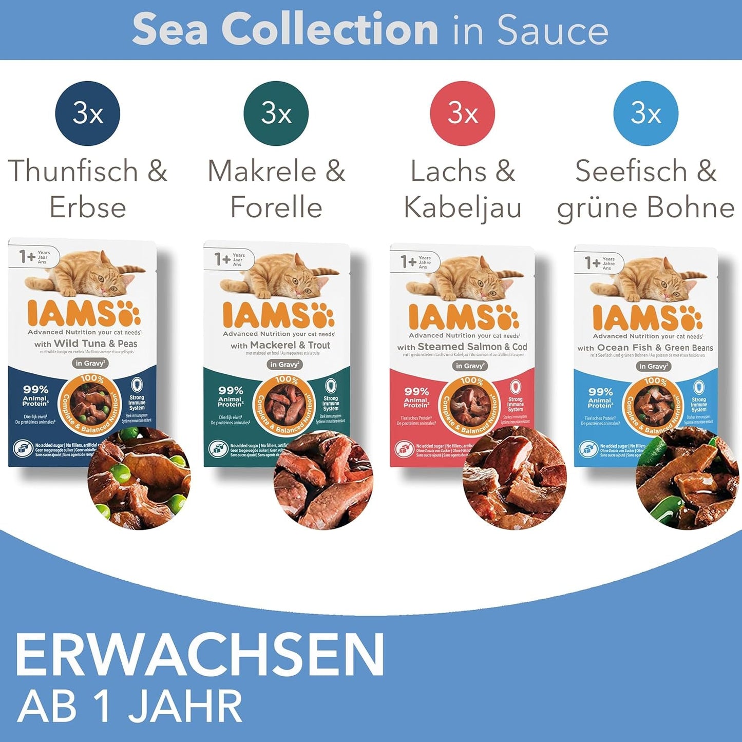 IAMS Delights Sea Collection Katzenfutter Nass - Multipack con pescado clasificado (Lachs, Thunfisch, Caballa, Seefisch) en salsa, Nassfutter para Katzen de 1 año, 12 x 85 g