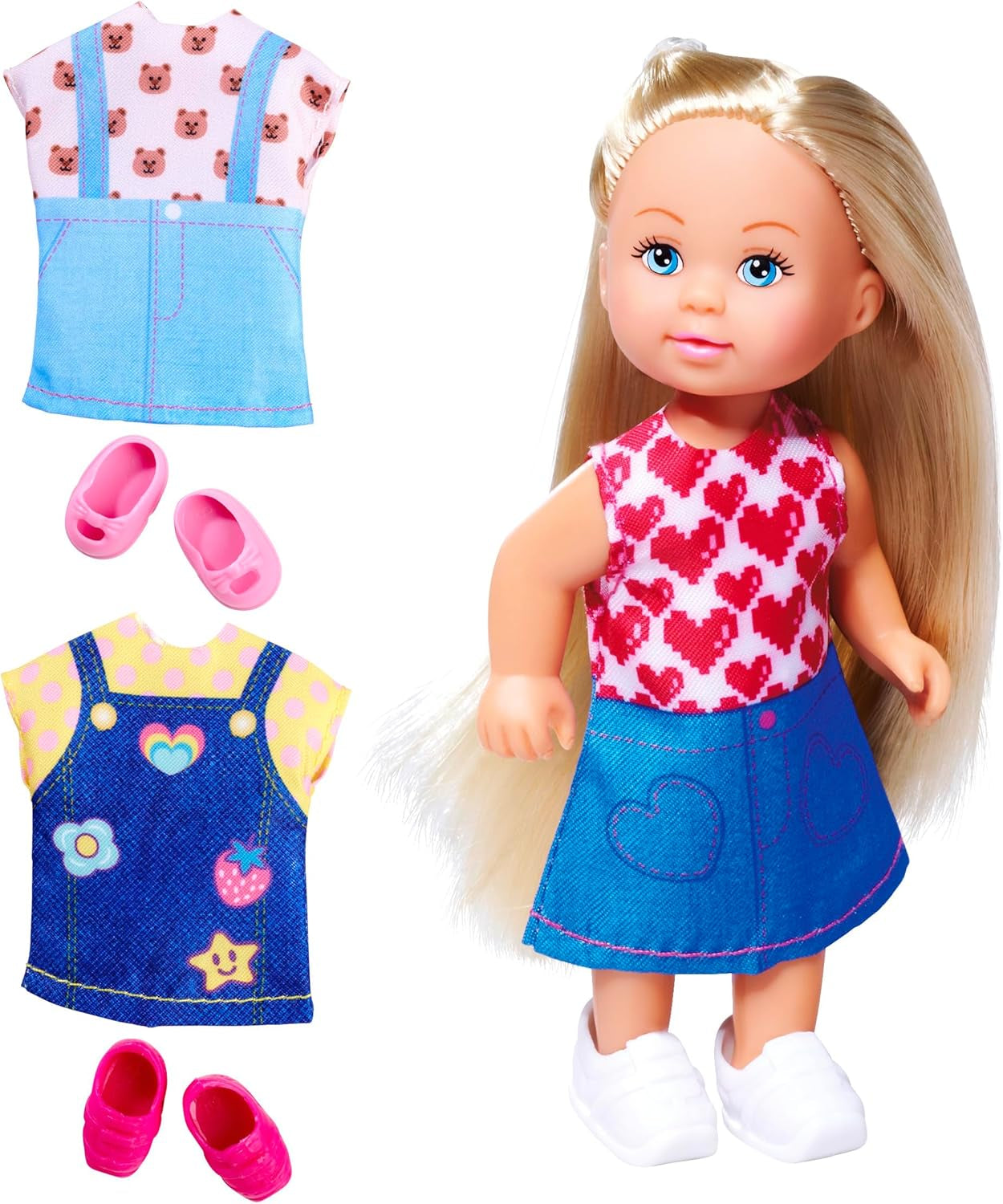Muñeca de moda Simba Evi Love con un bonito vestido vaquero, que incluye otros dos conjuntos con estampados adorables y zapatillas de deporte, 12 cm, a partir de 3 años