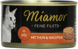 - Filetes finos en gelatina | Comida húmeda para gatos adultos con trozos de filete en gelatina. Alimento complementario enlatado bajo en grasas y sin aditivos | 24 x 100 g Atún y huevos de codorniz