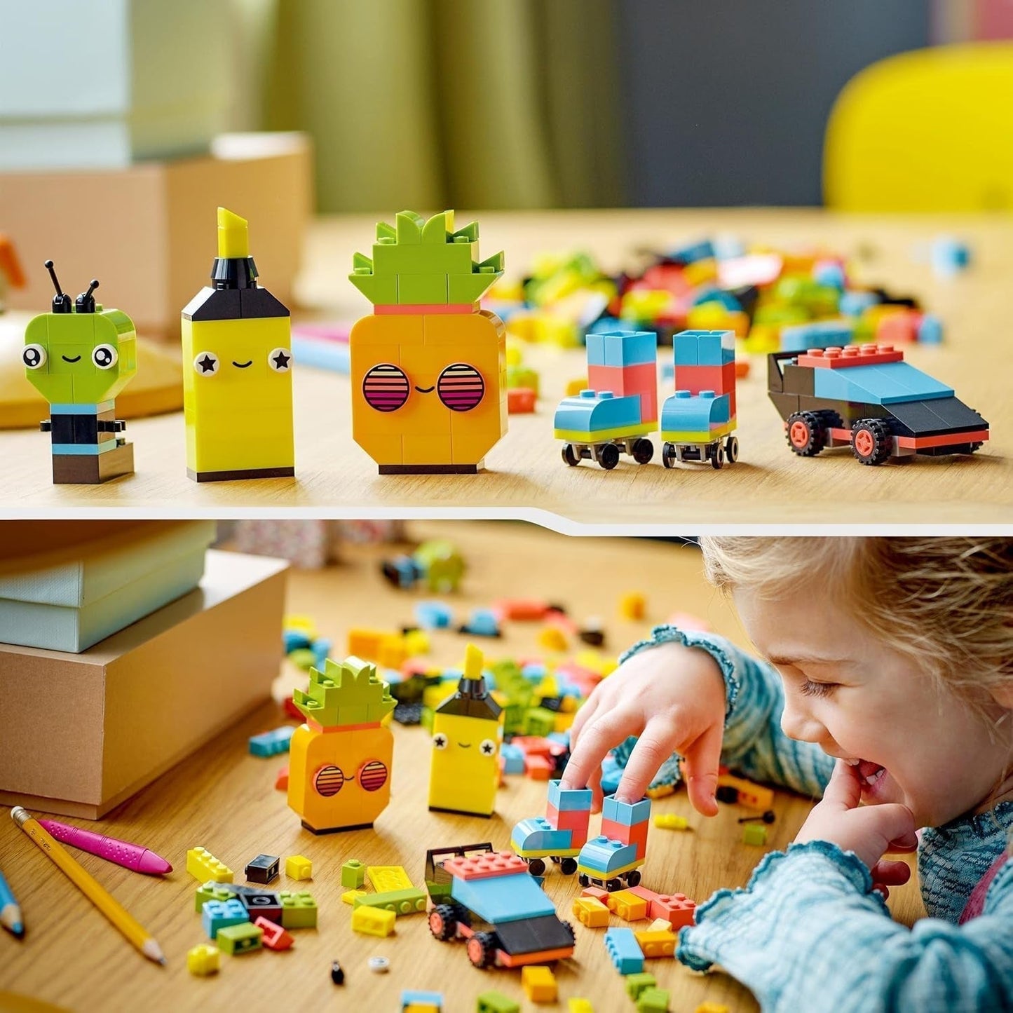 LEGO 11027 Classic Neon Creative Building Set, Brick Box Set, Juguete de construcción con modelos: coche, piña, extraterrestre, patines, figuras y más, para niños a partir de 5 años Juegos de construcción Besuche den LEGO-Store