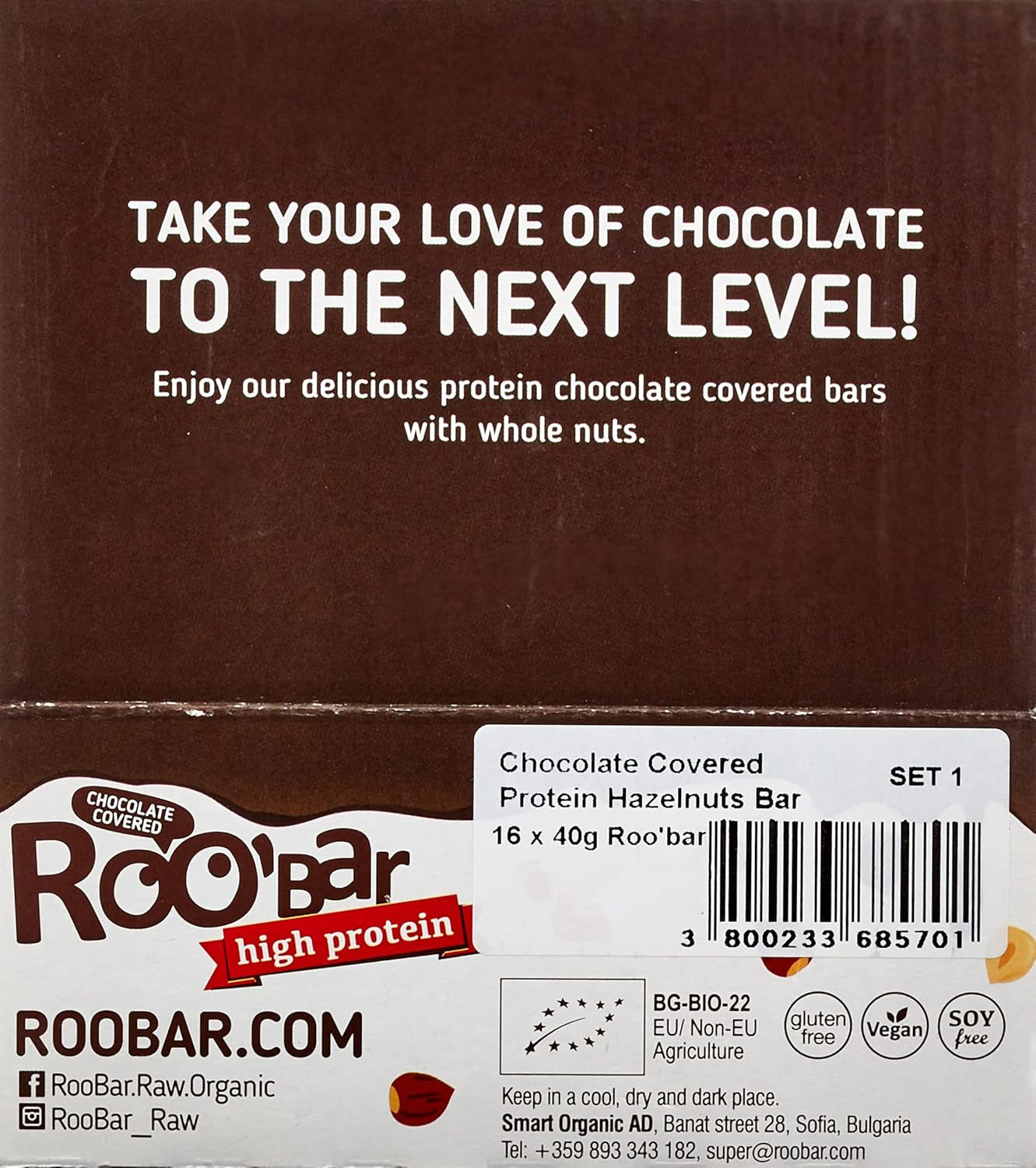 Barras de avellanas glaseadas con chocolate con alto contenido proteico - 100% orgánicas, veganas, barras de frutas, sin lácteos, sin gluten, sin azúcar refinada - 16 barras x 40 g