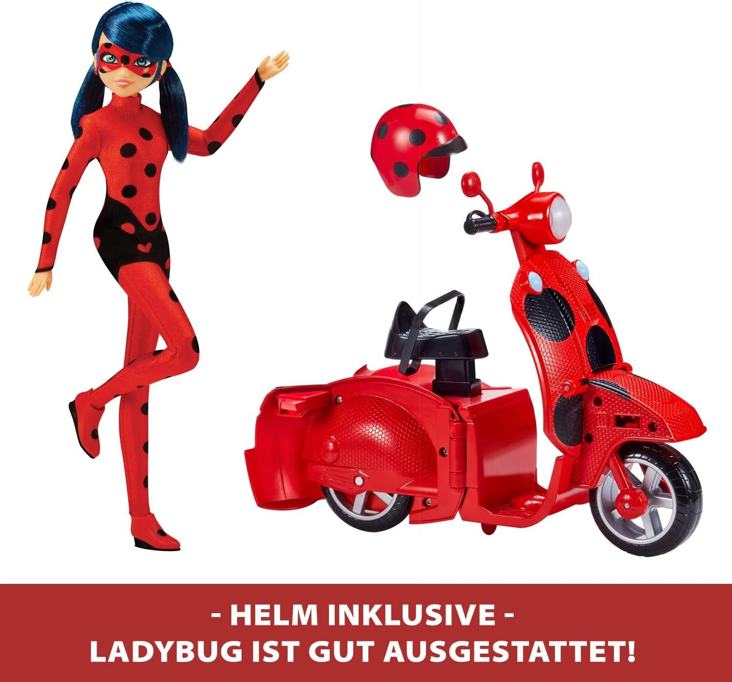 Bandai - Miraculous Ladybug - Patinete Miraculous Switch'n Go + Muñeca articulada Ladybug Lucky Charm de 26 cm - P50668