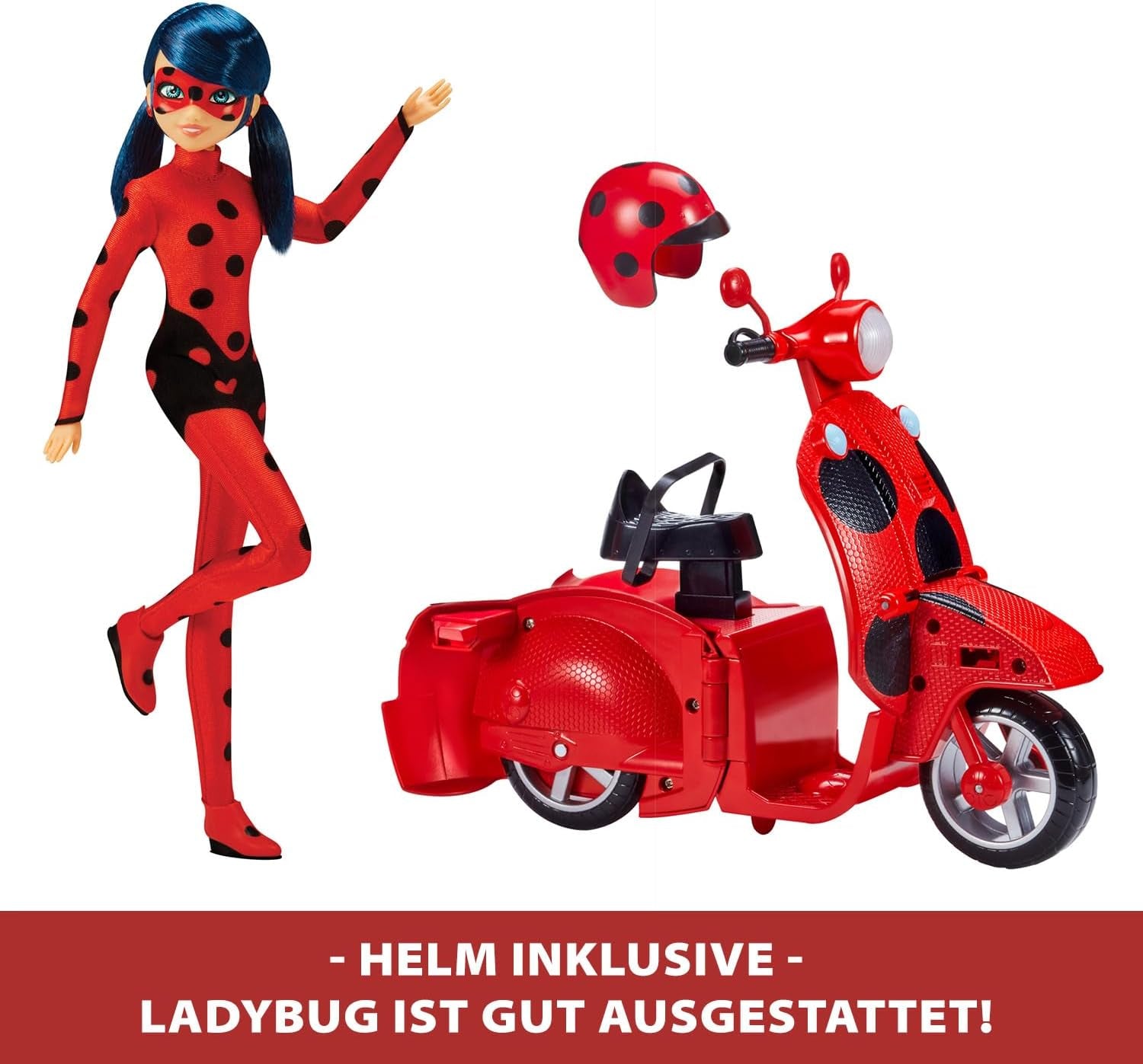 Bandai - Miraculous Ladybug - Patinete Miraculous Switch'n Go + Muñeca articulada Ladybug Lucky Charm de 26 cm - P50668