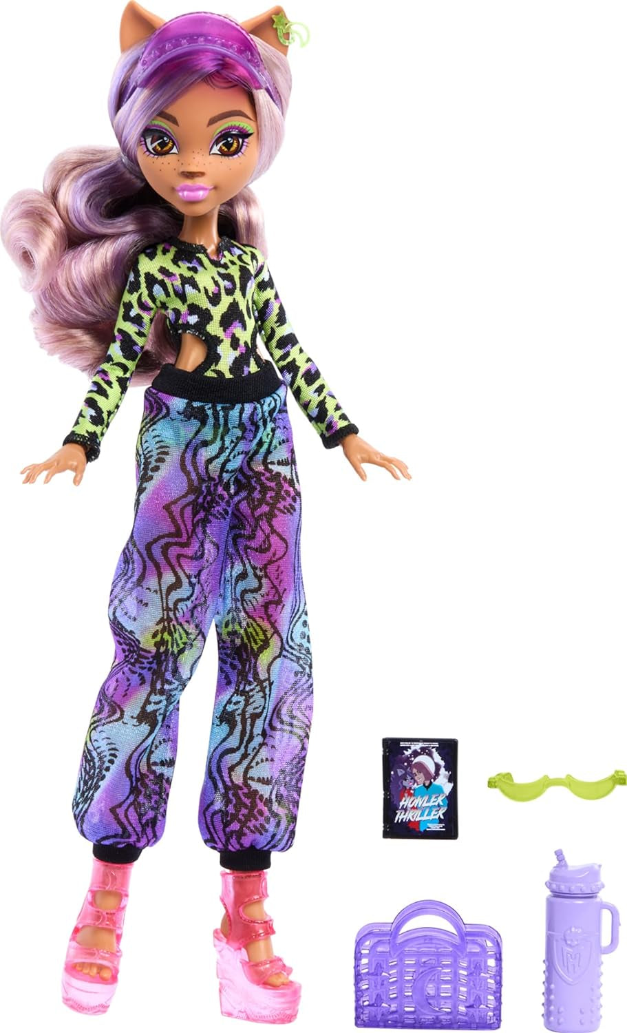 Muñeca Monster High Scare Adise Island Clawdeen Wolf con traje de baño, pantalones de jogging y accesorios de playa como visera, botella de agua y libro.