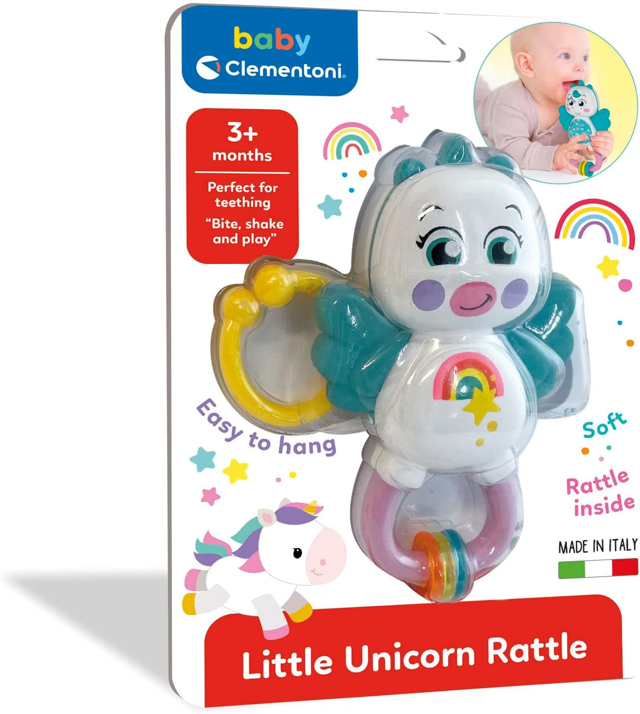 Clementoni 17778 - Sonajero Unicornio - Sonaglio Neonato Con Massaggiagengive, Giocattolo Bambini 3 Mesi, Rafforza Le Capacità Motorie E Sensoriali - Made in Italy Jucarii Bebe Naty Shop