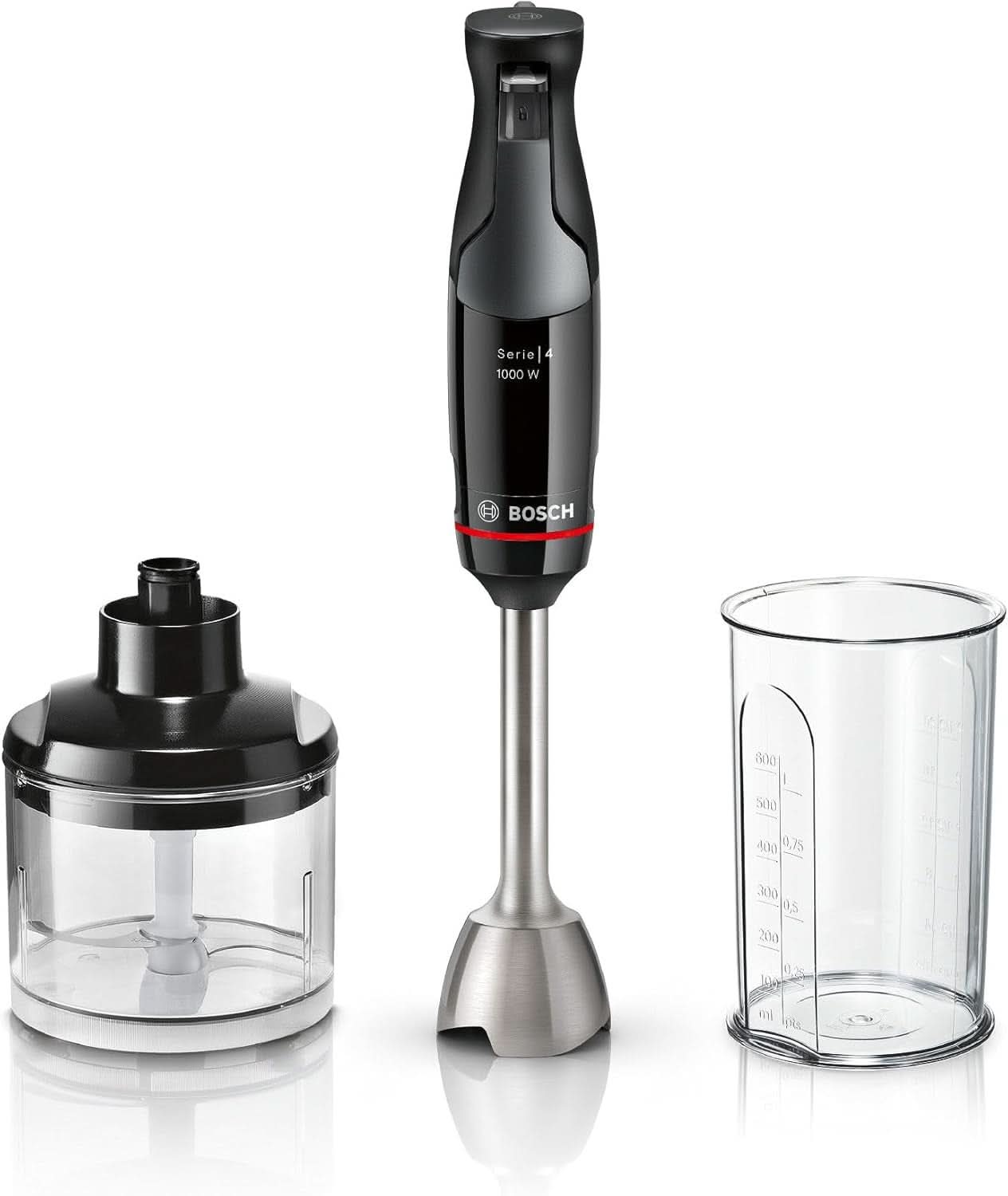 Bosch Stabmixer Ergomaster Serie 4, 1000 Watt, Edelstahl-Mixstab, Zerkleinerer, Mix-/Messbecher, Schwarz Kitchen Naty Shop 2 en 1, Ergomaster Serie 4