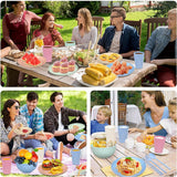 Juego de cubiertos de plástico para camping para 4 personas, reutilizables, indestructibles, platos, tazas, tazones y cubiertos, ligeros, ecológicos, reutilizables, aptos para microondas y lavavajillas