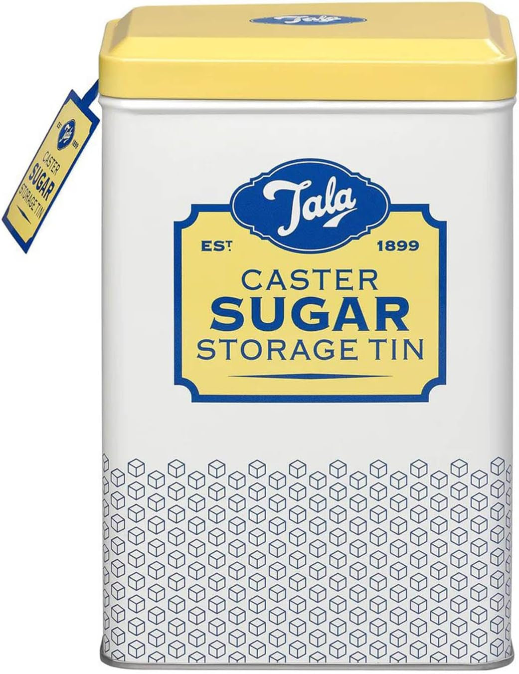 Caja de almacenamiento de metal con diseño retro de Tala Originals en amarillo y crema, puede contener una bolsa entera de azúcar en polvo
