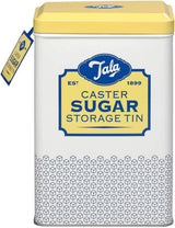 Caja de almacenamiento de metal con diseño retro de Tala Originals en amarillo y crema, puede contener una bolsa entera de azúcar en polvo