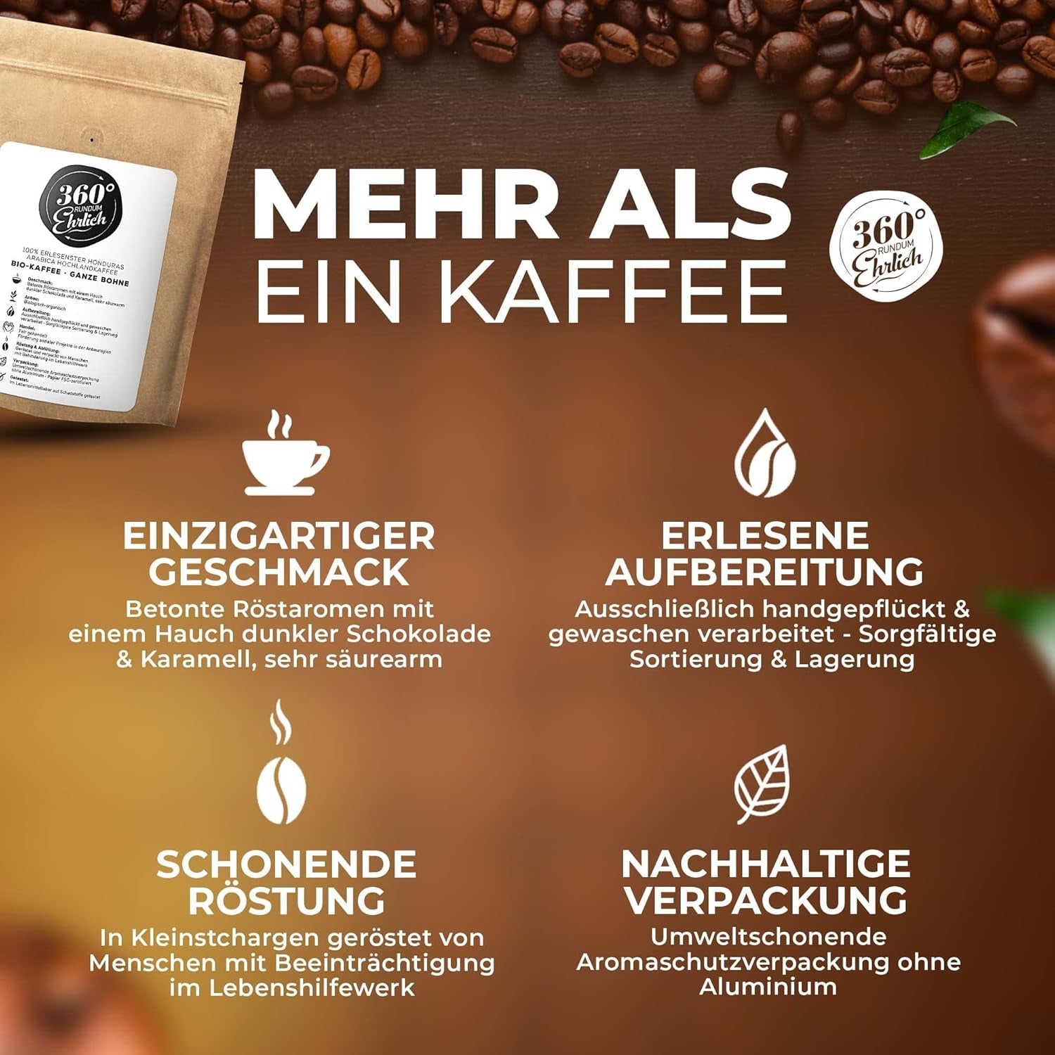 Premium Bio Kaffeebohnen 1000g, 100% Honduras Hochland Arábica Kaffeebohnen Bio - Köstlich, suave, säurearm - Bio Kaffee ganze Bohnen - Ideal como Kaffeebohnen Vollaautomat - 360° Rundum Ehrlich