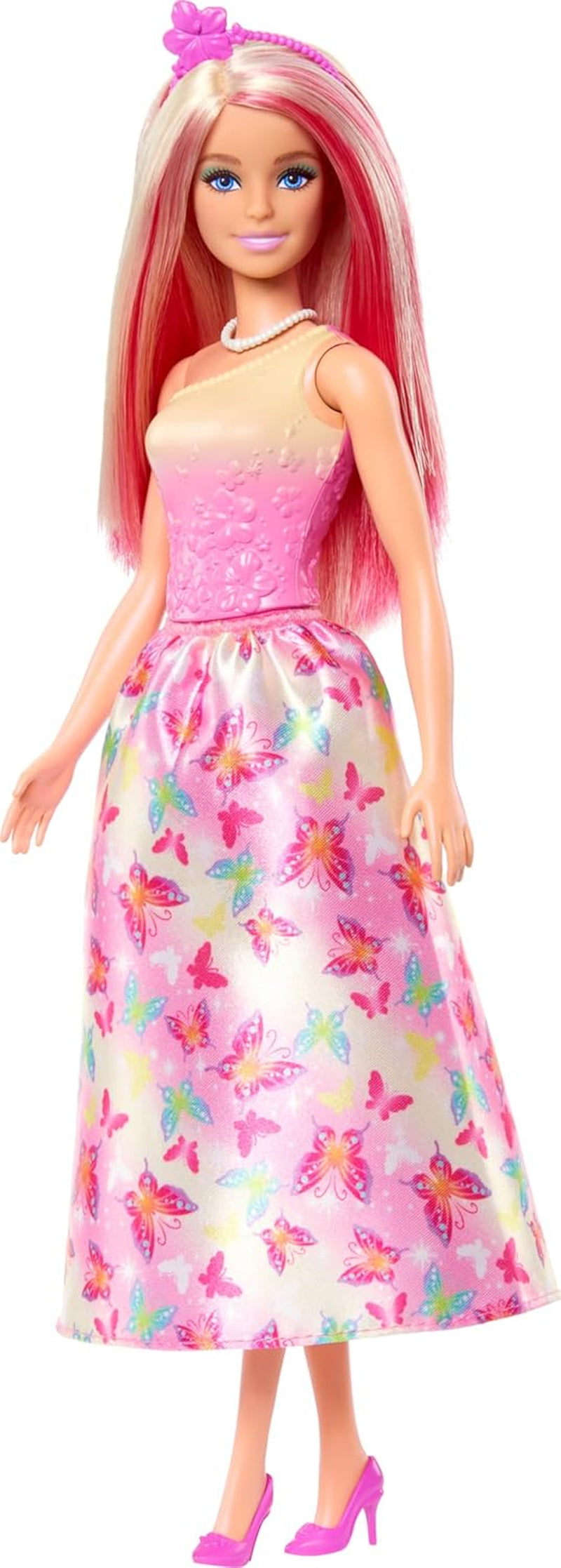 Muñeca Barbie Real con pelo elegante rubio y rosa, accesorios coloridos, top rosa degradado y falda de mariposa, HRR08 Naty Shop Dolls