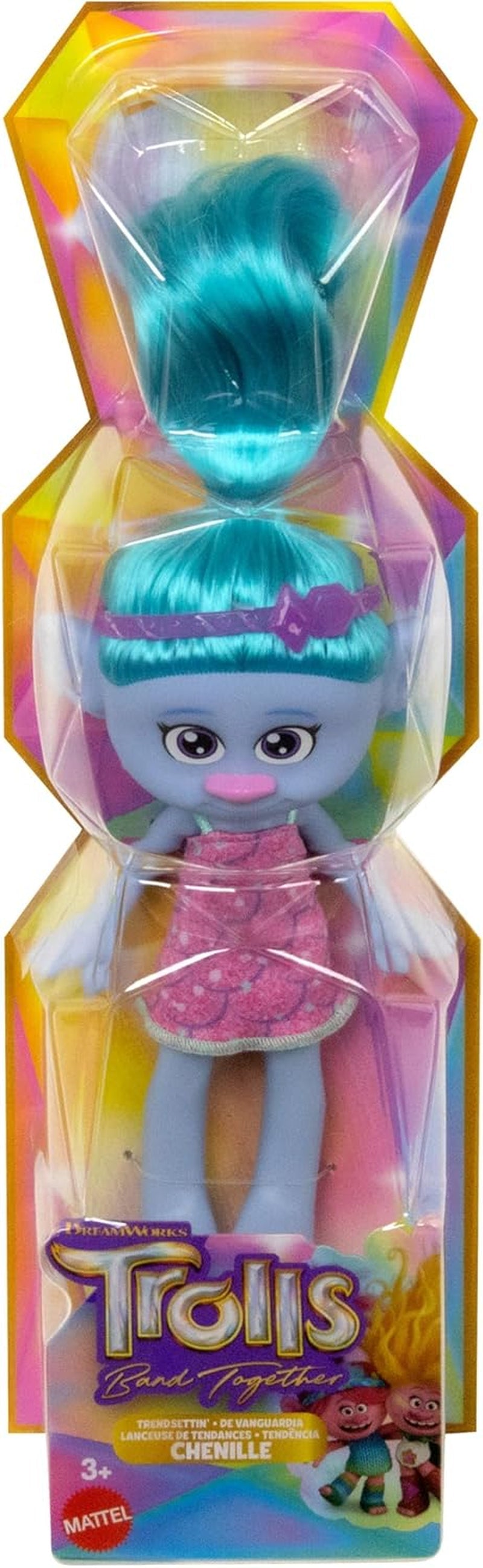 Mattel DREAMWORKS TROLLS United We Stand - Muñeca Hairy Surprises de chenilla con cabello azul brillante, diadema morada, a partir de 3 años, HNF15