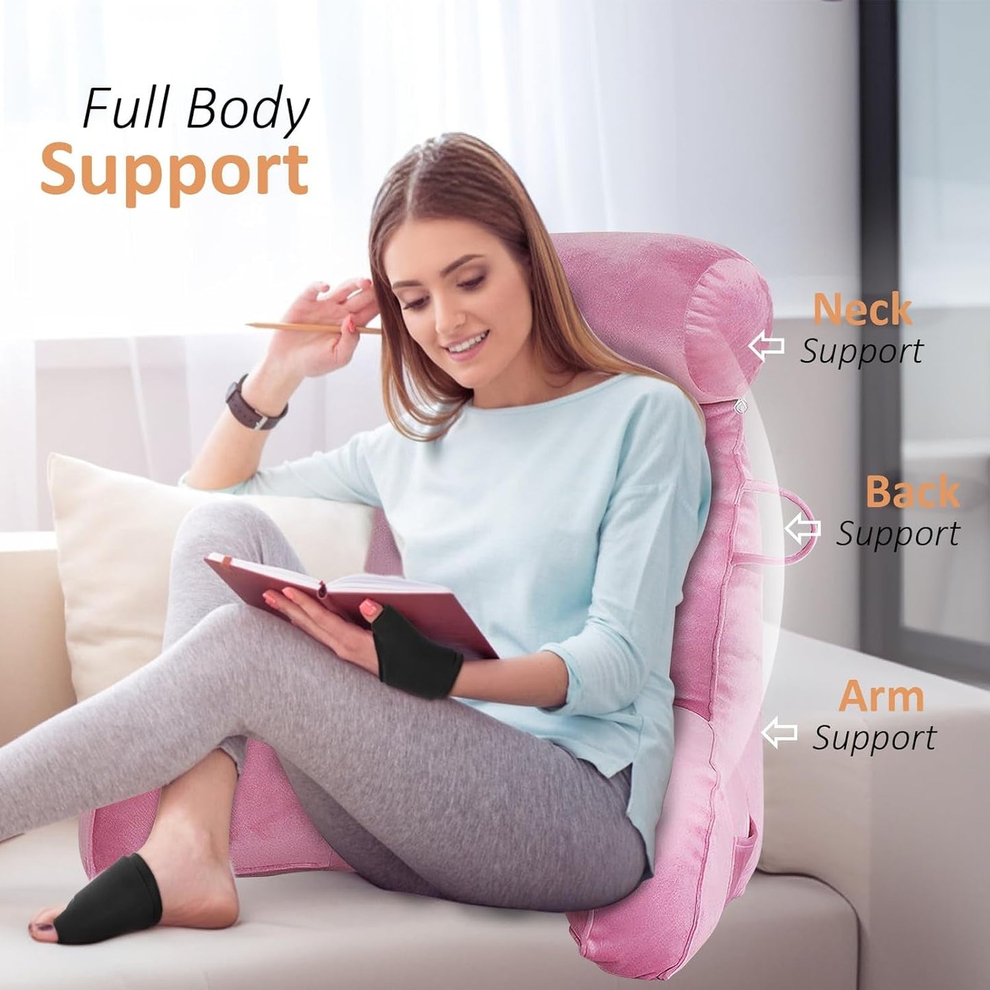 Almohada de lectura XL para cama y sofá con rollo para el cuello desmontable, almohada de espalda ideal para adultos con espuma viscoelástica para leer cómodamente, trabajar, jugar, mirar televisión, relajarse (rosa)