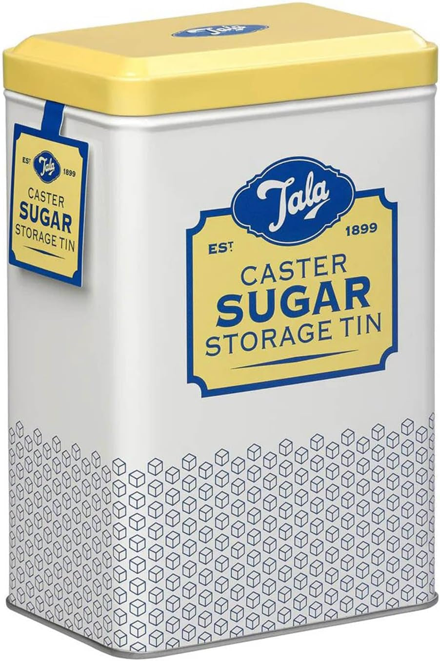 Caja de almacenamiento de metal con diseño retro de Tala Originals en amarillo y crema, puede contener una bolsa entera de azúcar en polvo