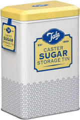 Caja de almacenamiento de metal con diseño retro de Tala Originals en amarillo y crema, puede contener una bolsa entera de azúcar en polvo