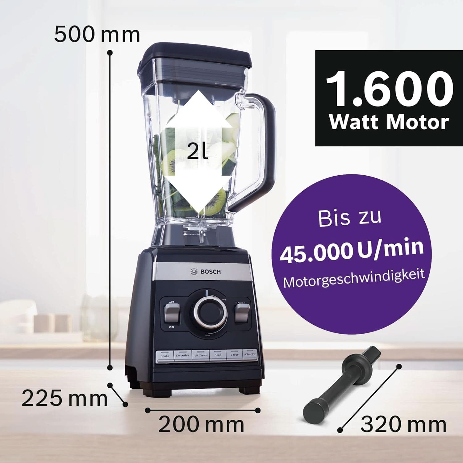 Bosch Batidora de pie Vitaboost MMBH6P6BDE, 6-Klingen-Edelstahlmesser, 2.5L Tritan-Mixbehälter, Stopfer, 6 Automatikprogramme, Rezeptbuch, Bpa-Frei, Einfache Reinigung, 45.000 U/Min, 1600 W, Schwarz Bucatarie Naty Shop