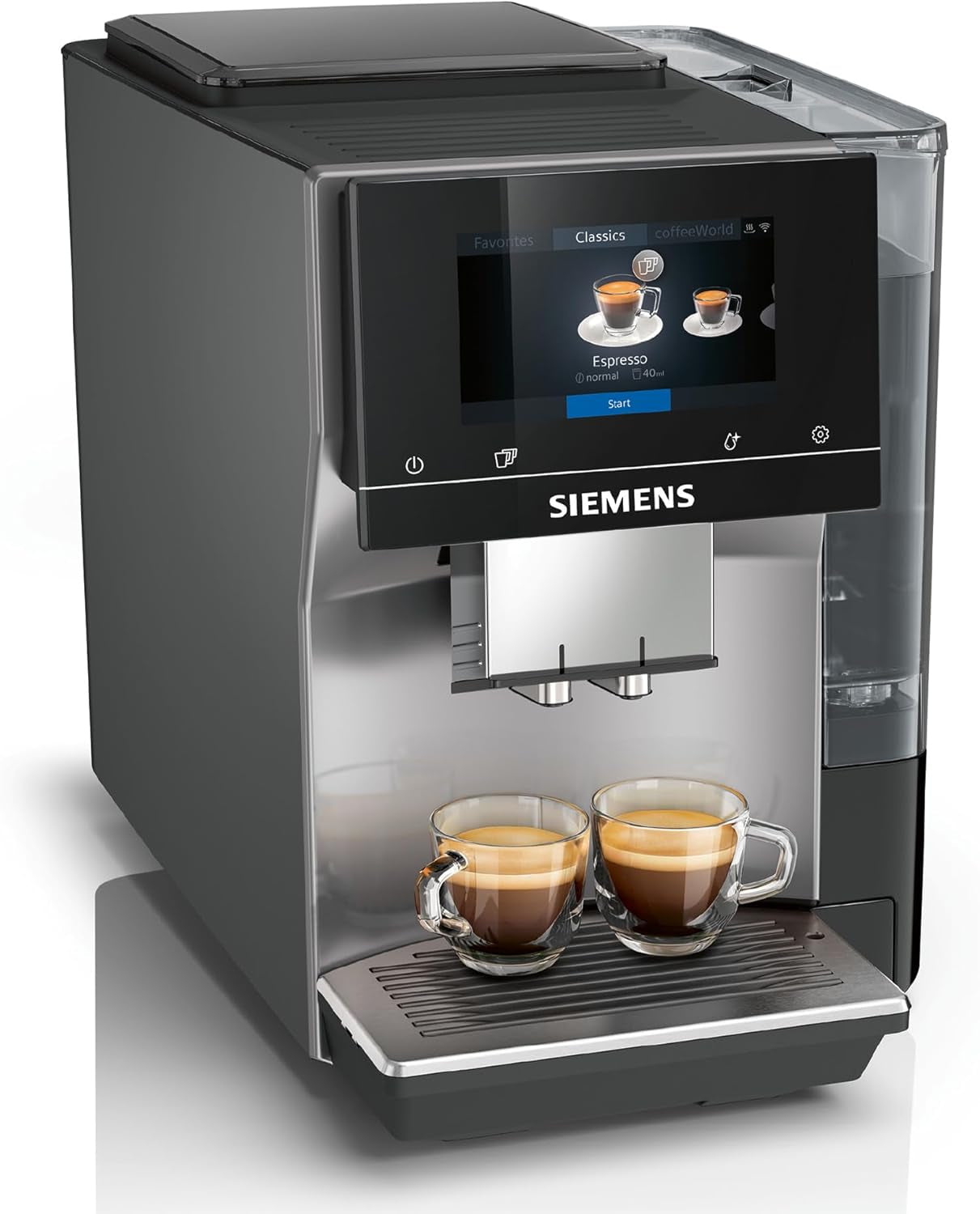 Cafetera espresso automática Siemens EQ700 classic TP715D01, control por aplicación, preparación en frío, pantalla táctil intuitiva, hasta 10 creaciones de café individuales como favoritas, limpieza automática con vapor, 1500 W, gris plateado