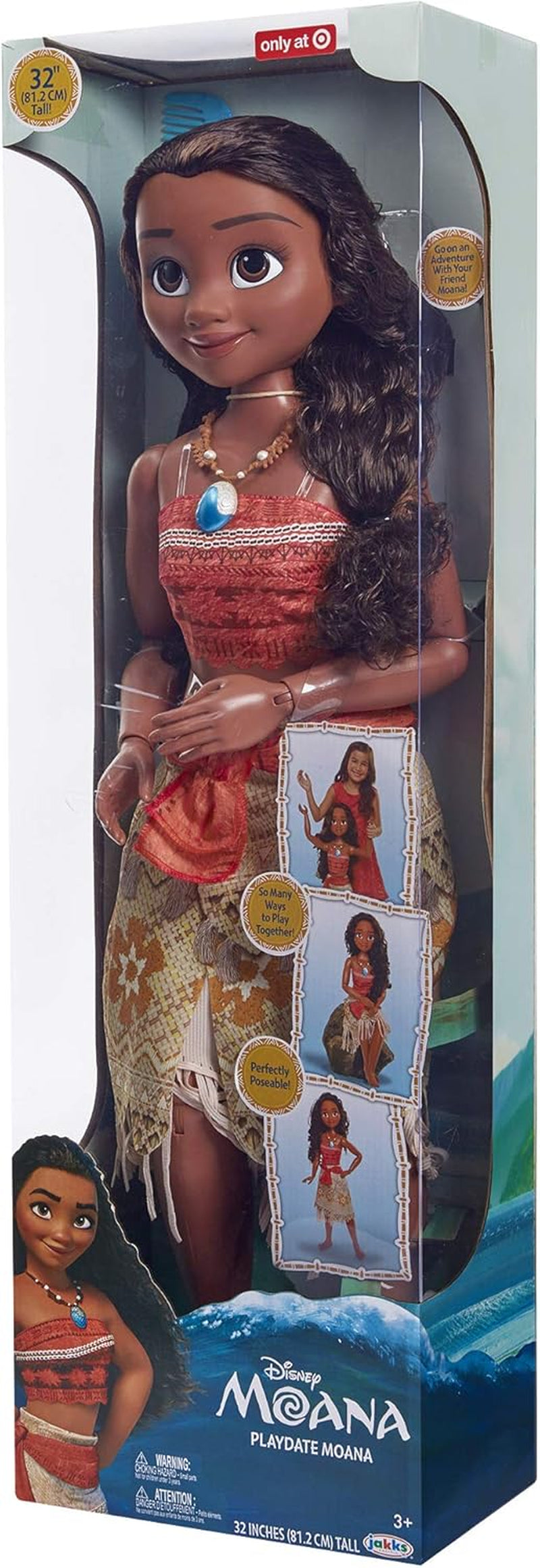Disney Princess Vaiana, 80 cm große Spielpuppe von Jakks Pacific, bewegliche Puppe, mit Bürste zum Kämmen ihrer welligen Locken, vom Film Inspired Kleid, abnehmbare Halskette mit Anhänger