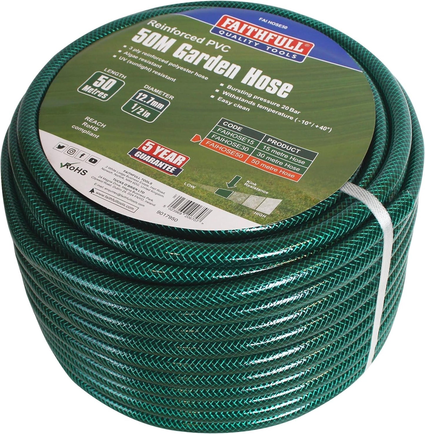 Manguera de jardín Faithfull de 50 m (164 pies) reforzada de 12,7 mm (1/2 pulgada) de diámetro - Tubería de PVC resistente, verde