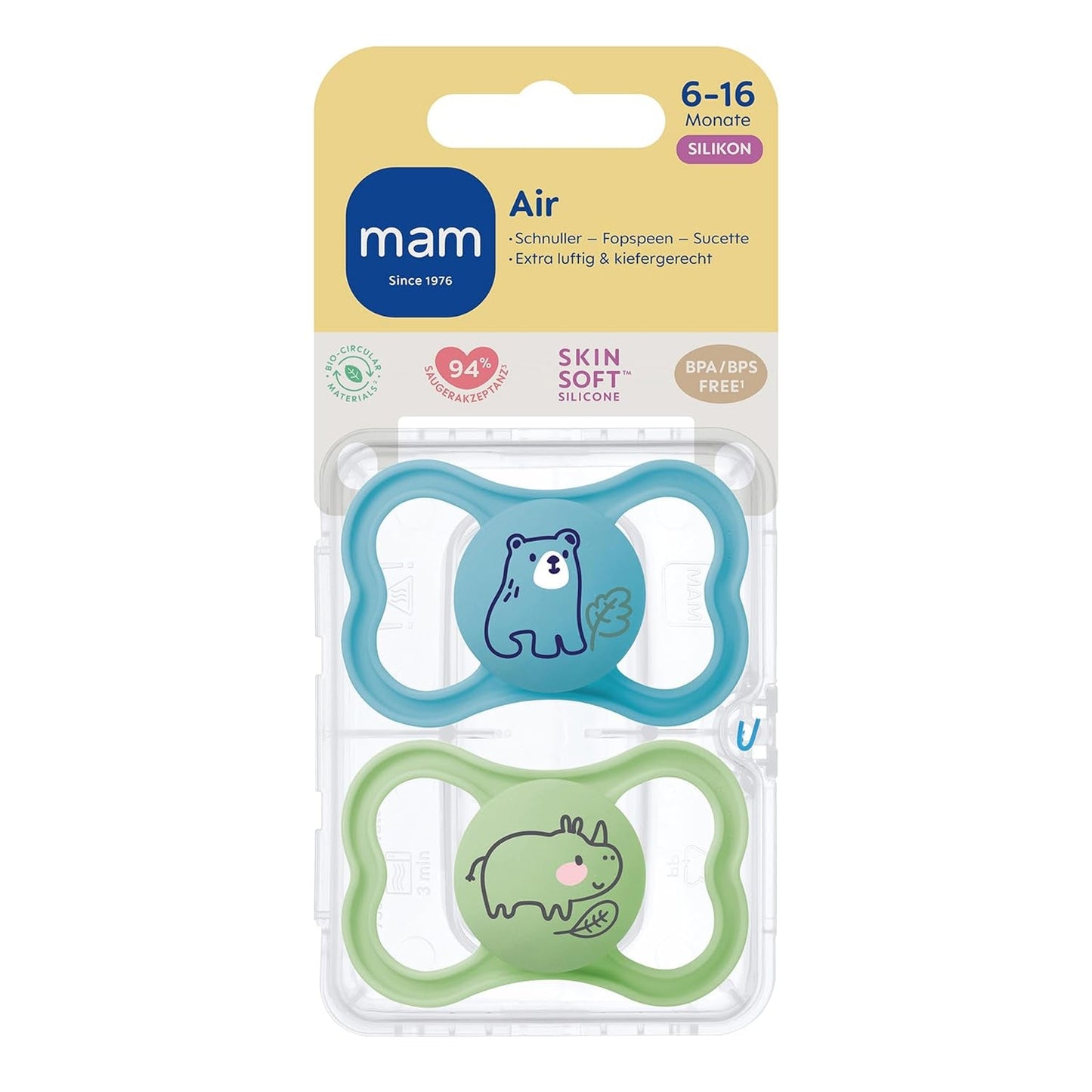 Chupete de silicona MAM Air 2 unidades Diseño extra ligero y ventilado Chupete respetuoso con los dientes Hecho de silicona especial MAM SkinSoft con caja para chupete 6-16 meses Oso/Rinoceronte