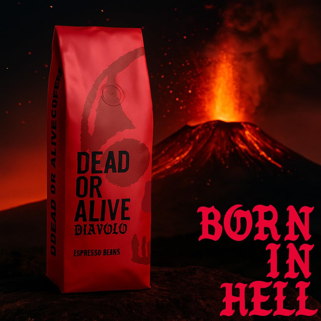 DEAD OR ALIVE DIAVOLO – Espresso Extra Oscuro – 100% Robusta – Extremadamente Fuerte – Baja Acidez – Crema Estable – Granos Enteros 1kg – Tostado Nápoles