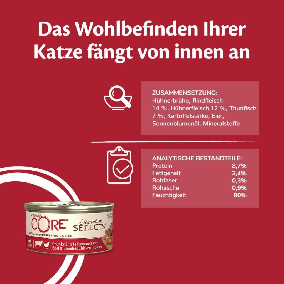 Wellness CORE Signature Selects 8 x 79 g, Mezcla de Carne de Res, Pollo y Pavo - Comida húmeda para gatos, deliciosas tiras en salsa, sin cereales, natural, hipoalergénica, alta en proteínas, alta en carne