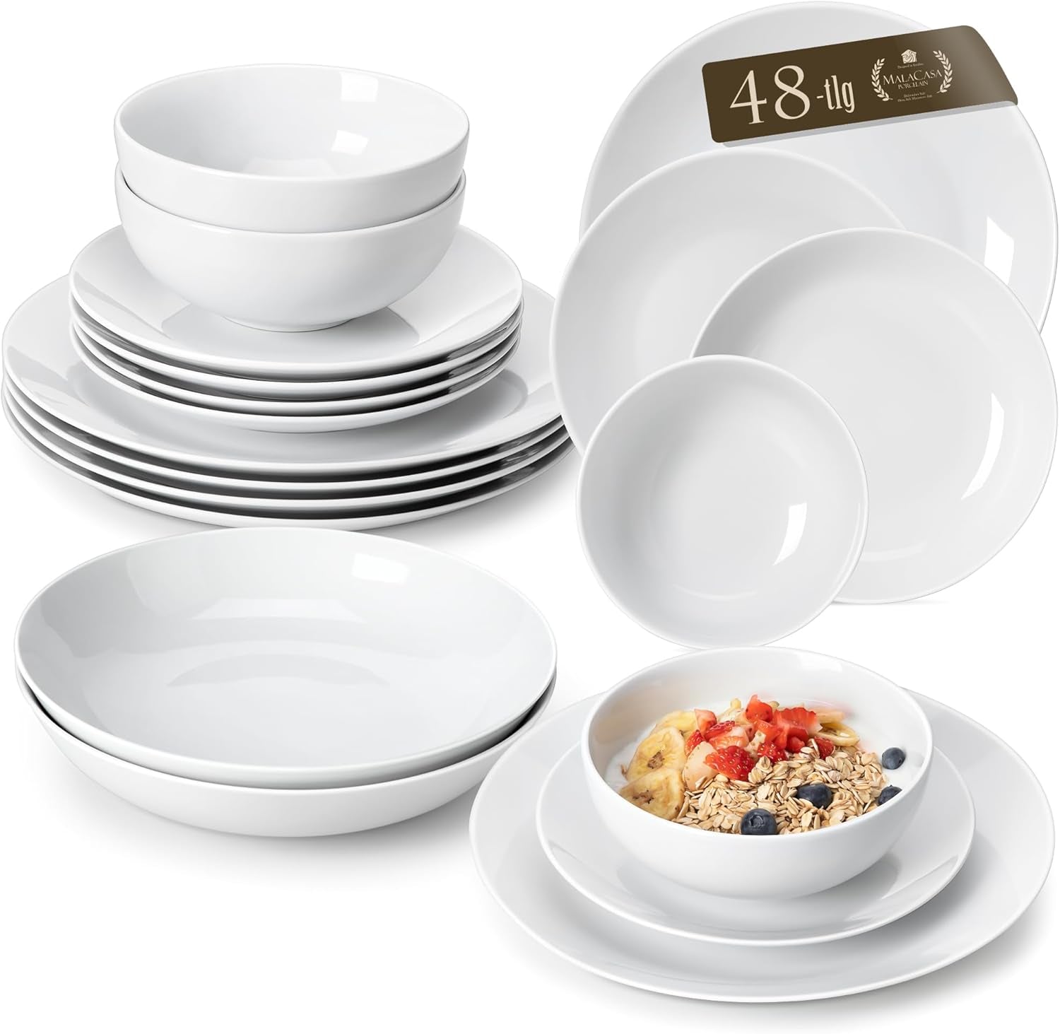 MALACASA Vajilla para 12 Personas, Vajilla Moderna de Porcelana Amelia de 48 Piezas, Servicio de Mesa con 12 Platos Llanos, Platos de Postre, Platos Suma y Cuencos de Cereal, Vajilla Moderna para 12 Personas - Blanco