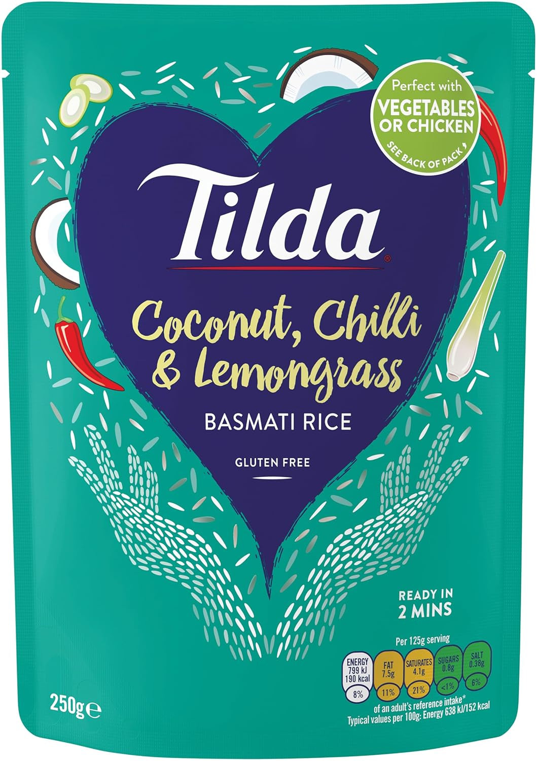 Arroz basmati al vapor Tilda con coco, chile y limoncillo - Paquete de 6 (6 x 250 g)