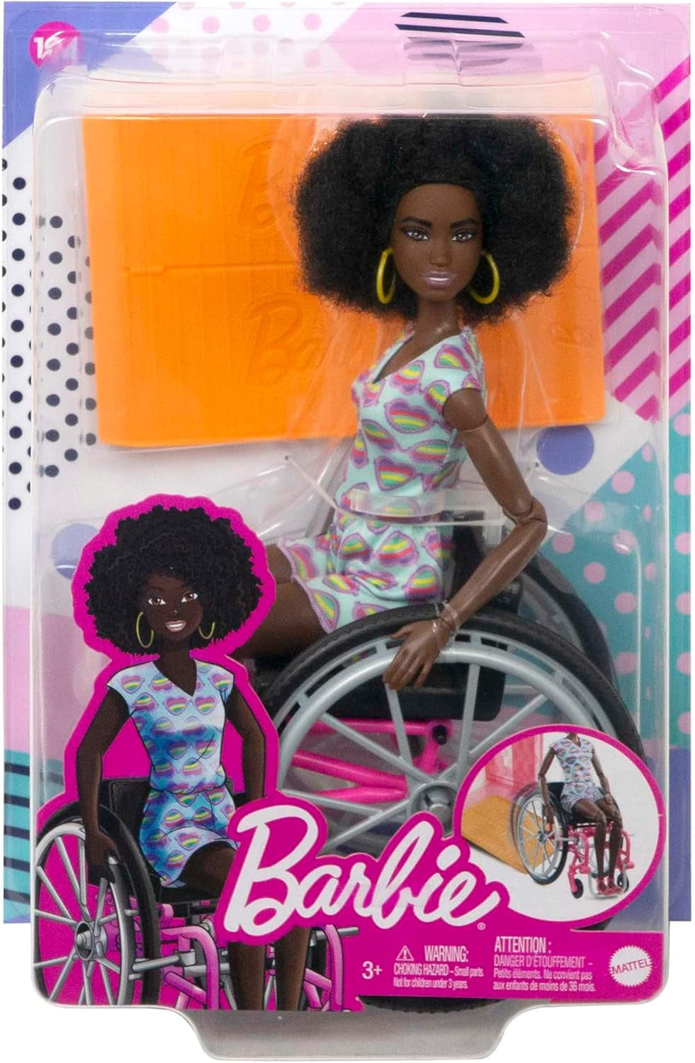 Barbie Fashionistas, mono colorido de pelo negro, rampa para silla de ruedas, muñeca incluida, regalo para niños, juguete de 3 años o más, HJT14