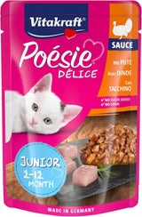 Vitakraft Poésie Délice, Junior, Comida húmeda para gatos, Comida húmeda en salsa, con pavo, Multipack, para gatos jóvenes, Sin azúcares ni cereales añadidos (23 x 85g)