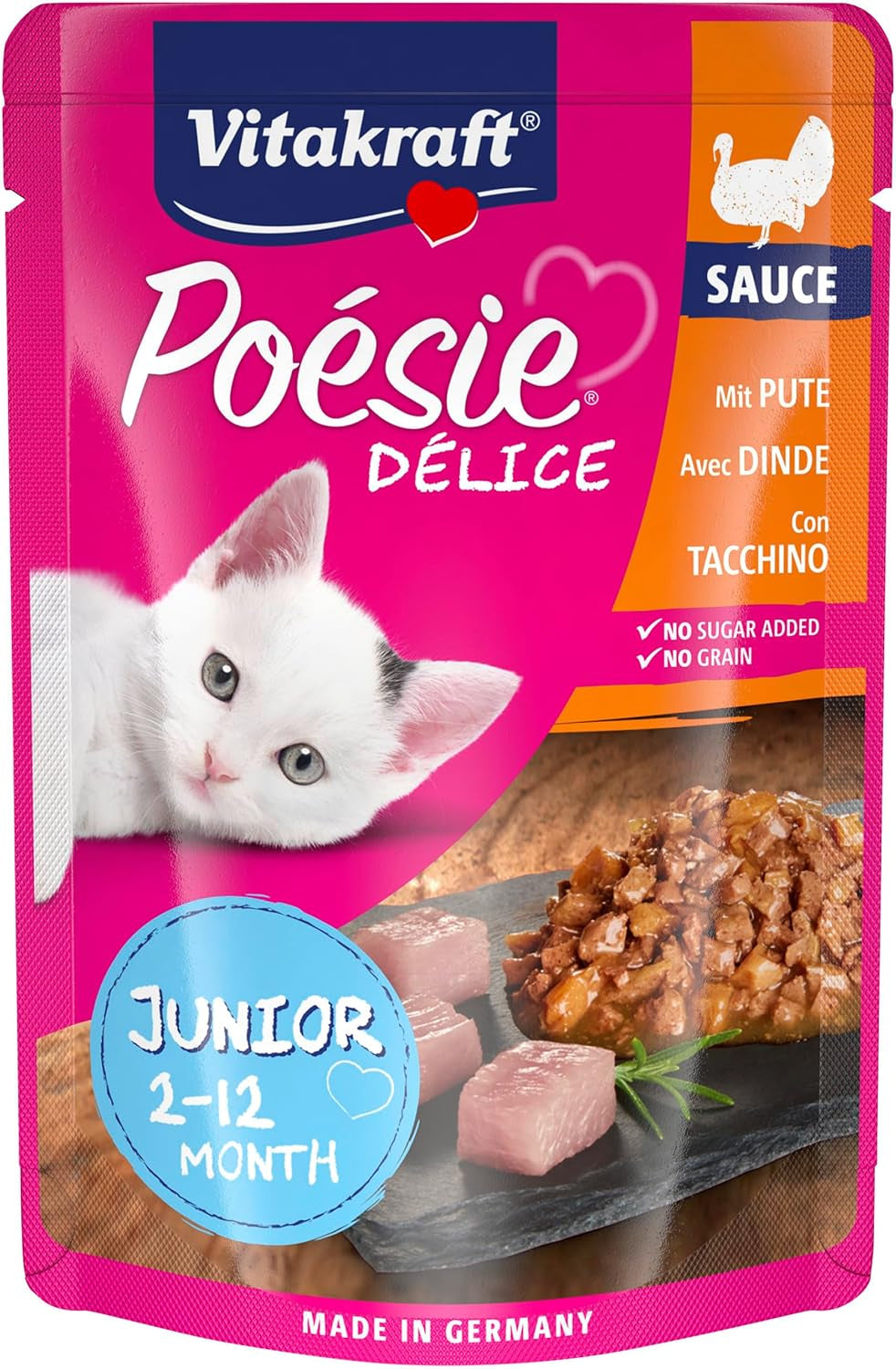 Vitakraft Poésie Délice, Junior, Comida húmeda para gatos, Comida húmeda en salsa, con pavo, Multipack, para gatos jóvenes, Sin azúcares ni cereales añadidos (23 x 85g)