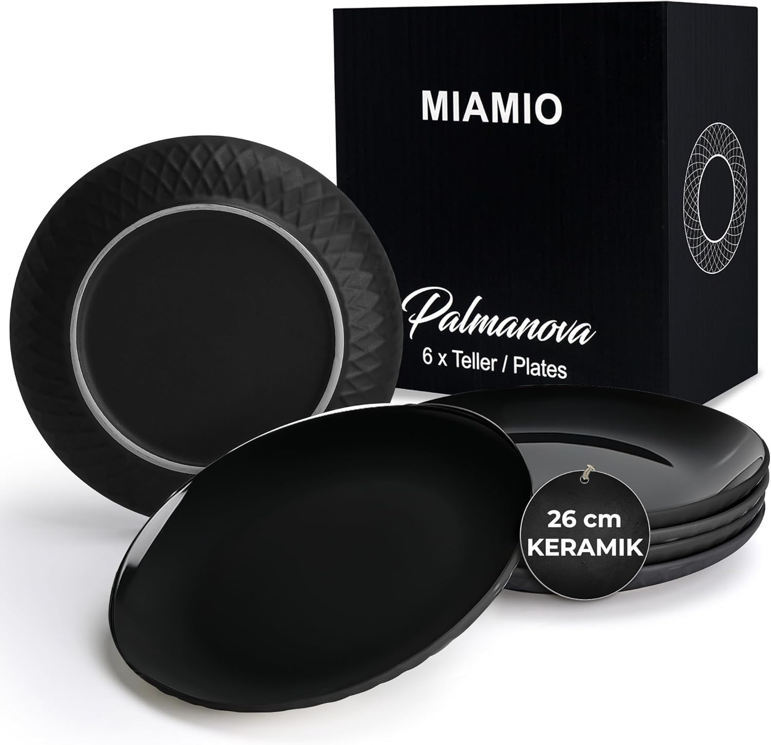 MIAMIO - Vajilla/platos de cerámica moderna para 6 personas, 6 piezas, Colección Palmanova (Negro, Platos grandes (6x))