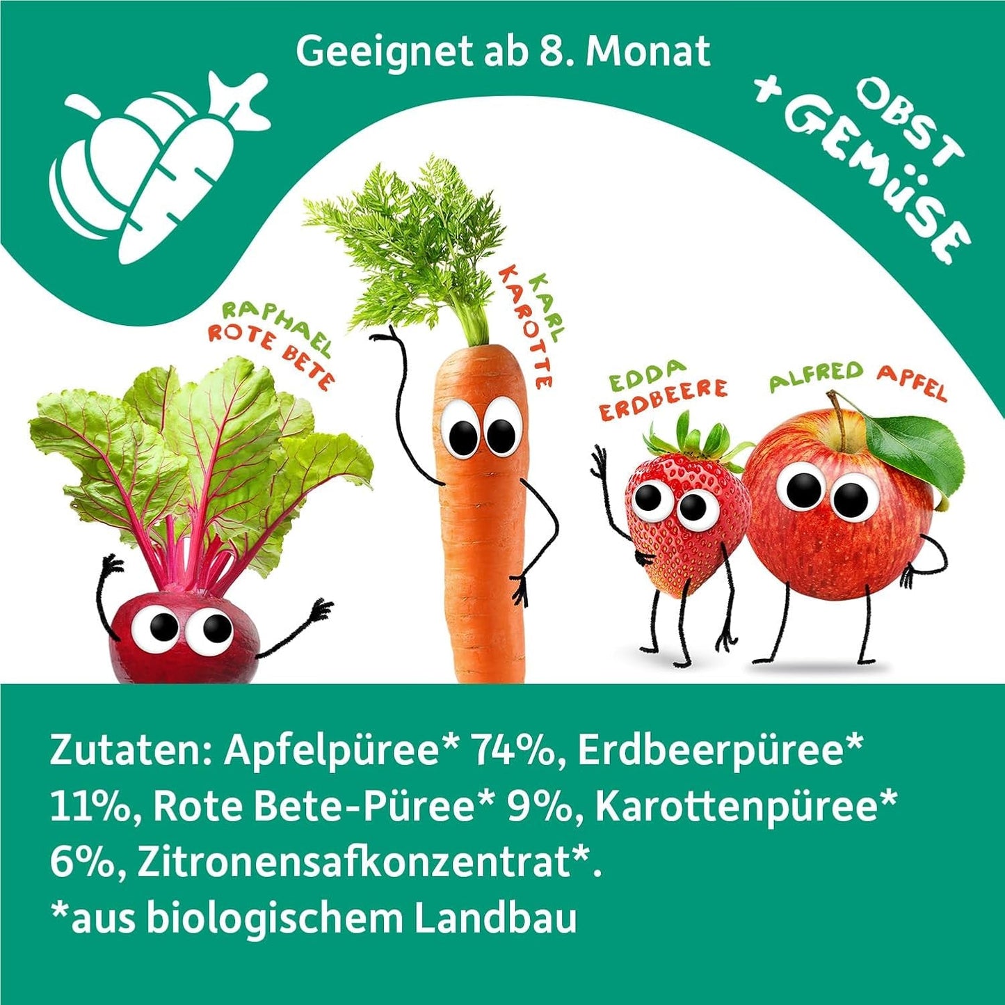FRECHE FREUNDE Bolsita de frutas ecológicas exprimibles con manzanas, fresas, remolacha y zanahoria, puré de frutas y verduras en bolsitas exprimibles para bebés a partir de 6 meses, vegano, paquete de 6 (6 x 100 g)