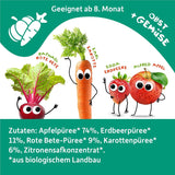 FRECHE FREUNDE Bolsita de frutas ecológicas exprimibles con manzanas, fresas, remolacha y zanahoria, puré de frutas y verduras en bolsitas exprimibles para bebés a partir de 6 meses, vegano, paquete de 6 (6 x 100 g)