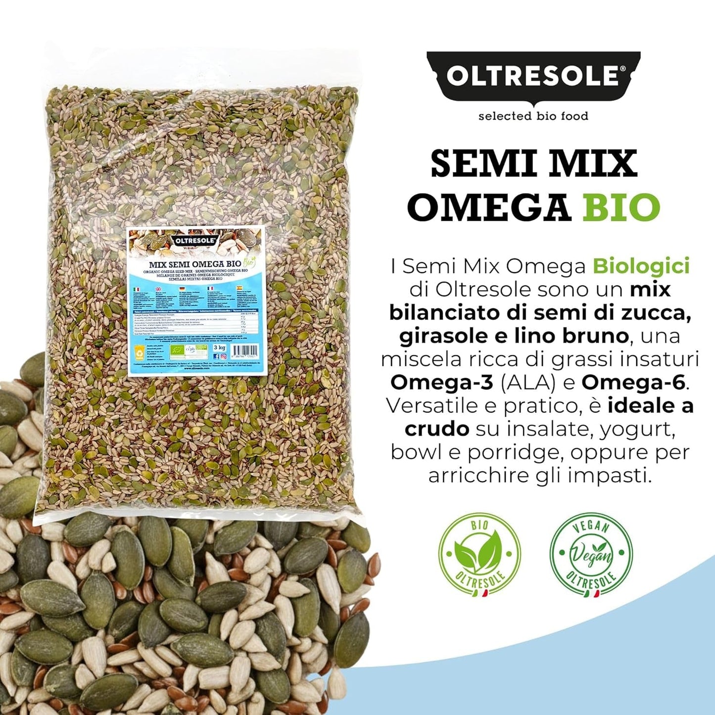 Organic Omega Seed Mix 3 kg (mezcla de semillas de calabaza, girasol y lino), una mezcla de 3 semillas oleaginosas enteras crudas, rica en proteínas, fibra y ácidos grasos omega-3