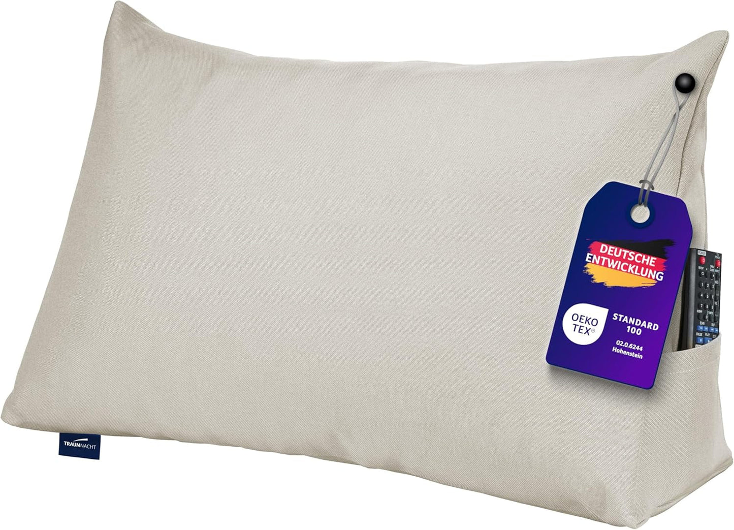 Almohada de lectura Traumnacht Cosy Back Cushion, 70 x 40 cm gris oscuro, funda desenfundable y lavable de 100% poliéster, práctico bolsillo lateral, certificado Öko-Tex, fabricado según los estándares de calidad alemanes