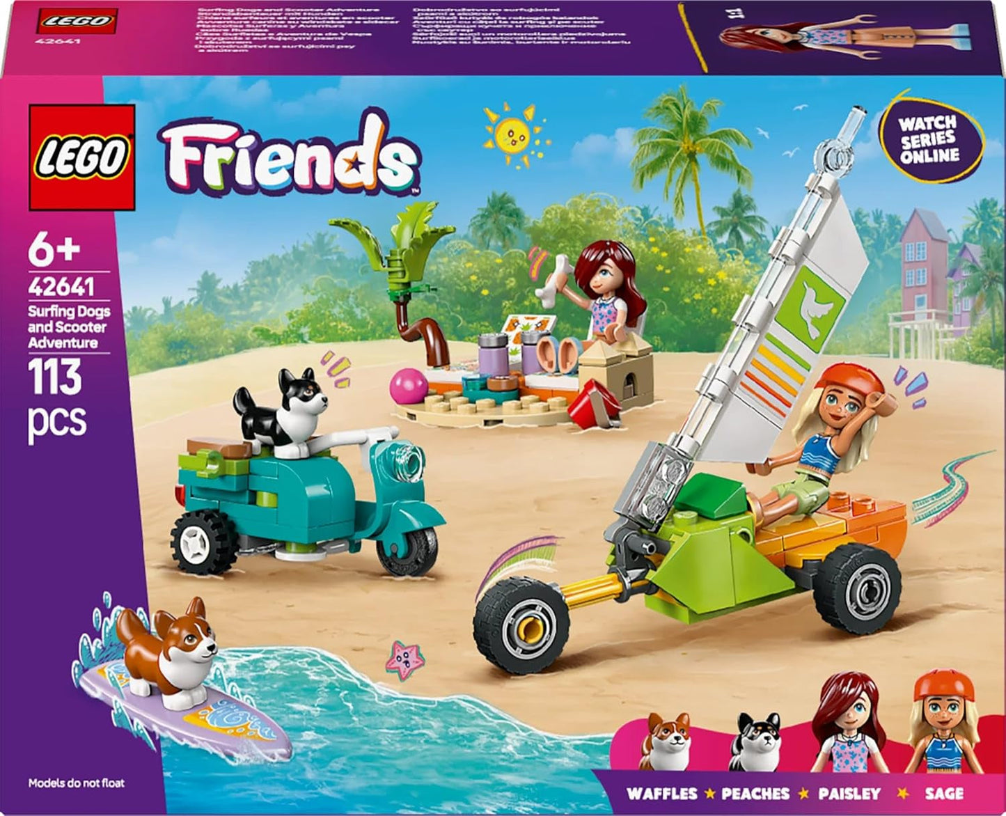 LEGO Friends Aventura en la playa con perros, juguete de construcción para niñas de 6 años, juego de animales con 2 minifiguras y 2 figuras de Corgi, regalo creativo para niños, juego de construcción de aventura con tabla de surf 42641 Juegos de construcción Besuche den LEGO-Store