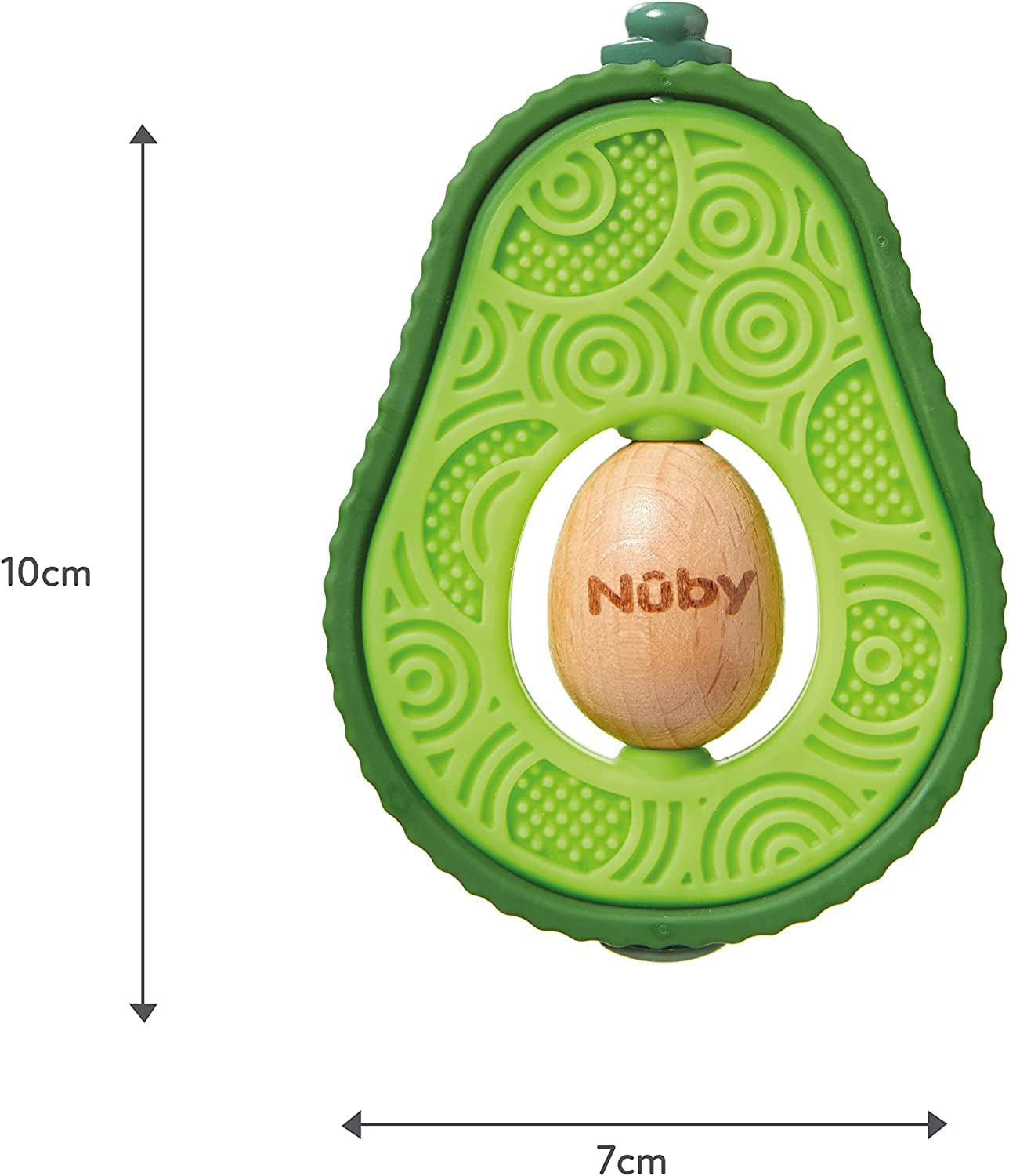 Nuby - Anillo de dentición de aguacate - Juguete mordedor de silicona y madera - Núcleo de madera giratorio - Juguete de dentición para bebés y niños pequeños - Ayuda para la dentición - Sin BPA - 6+ meses