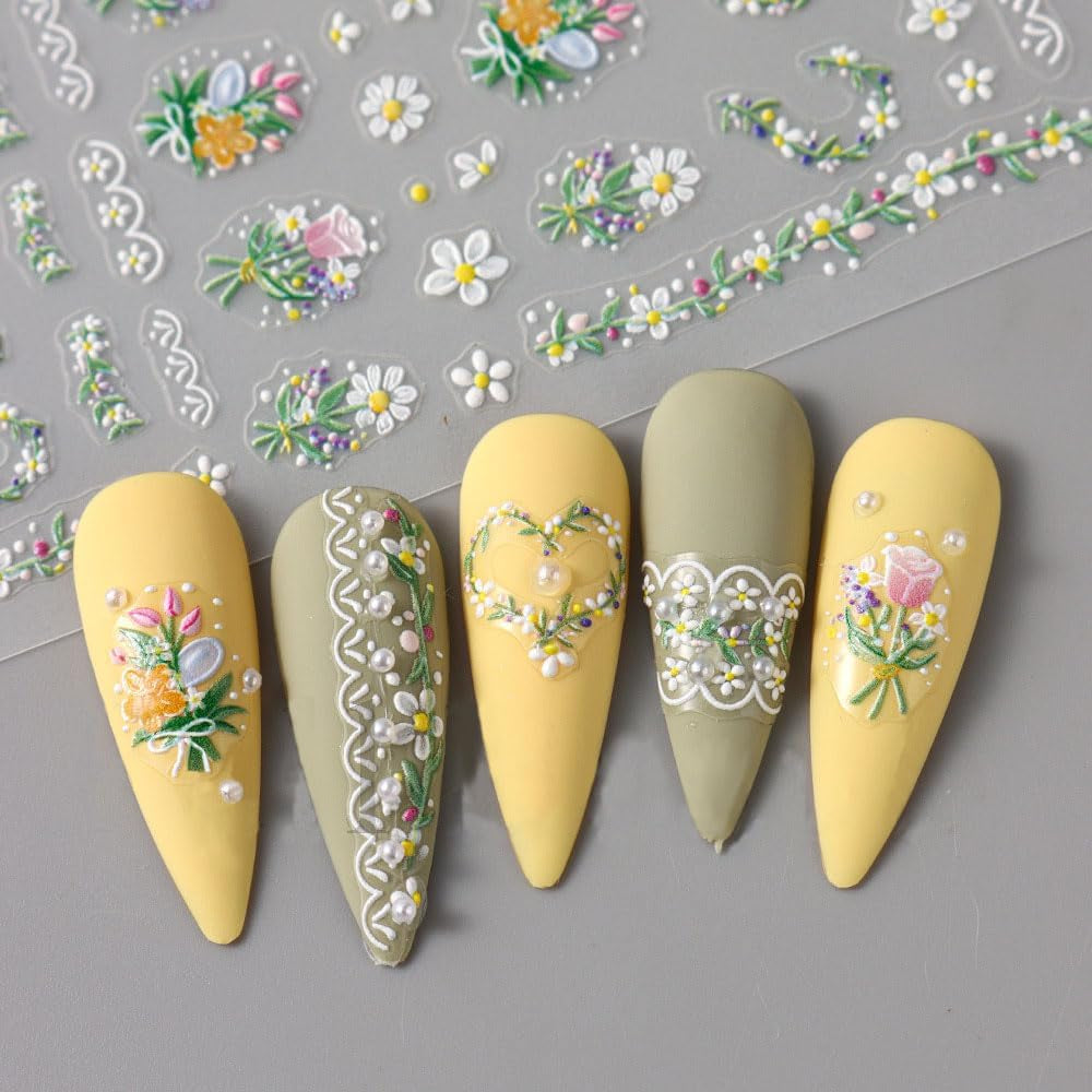 5 uds Geprägte Gänseblümchen Nagelsticker Selbstklebend Blumen Nagelaufkleber Gänseblümchen Schmetterling Nagel Sticker Nageldesign Aufkleber Nägel Zubehör Blume Nail Sticker Flower Nail Art Stickers