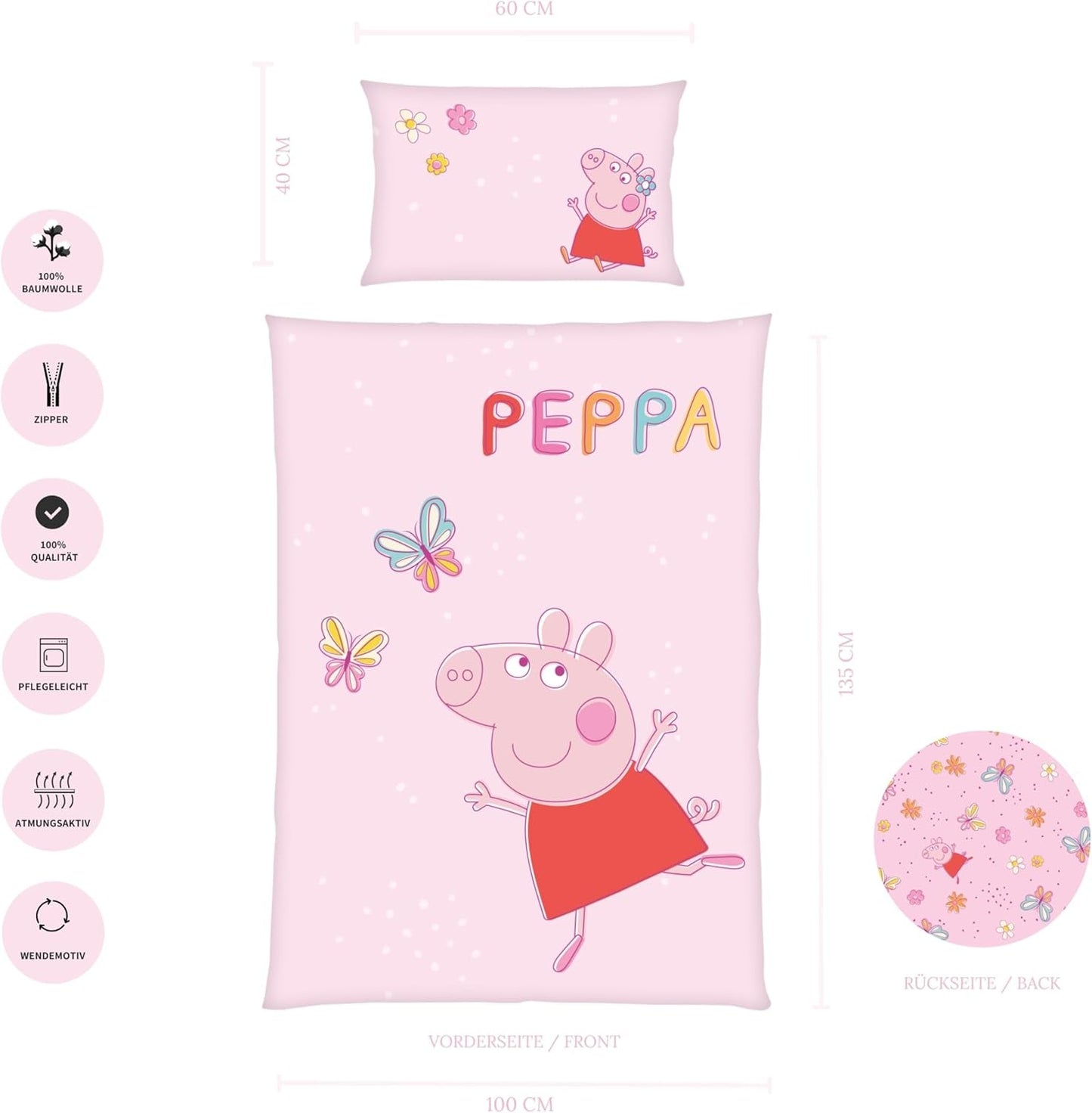Juego de cama infantil Peppa Pig, 100 x 135 cm y 40 x 60 cm, algodón Ropa de cama - infantil Naty Shop