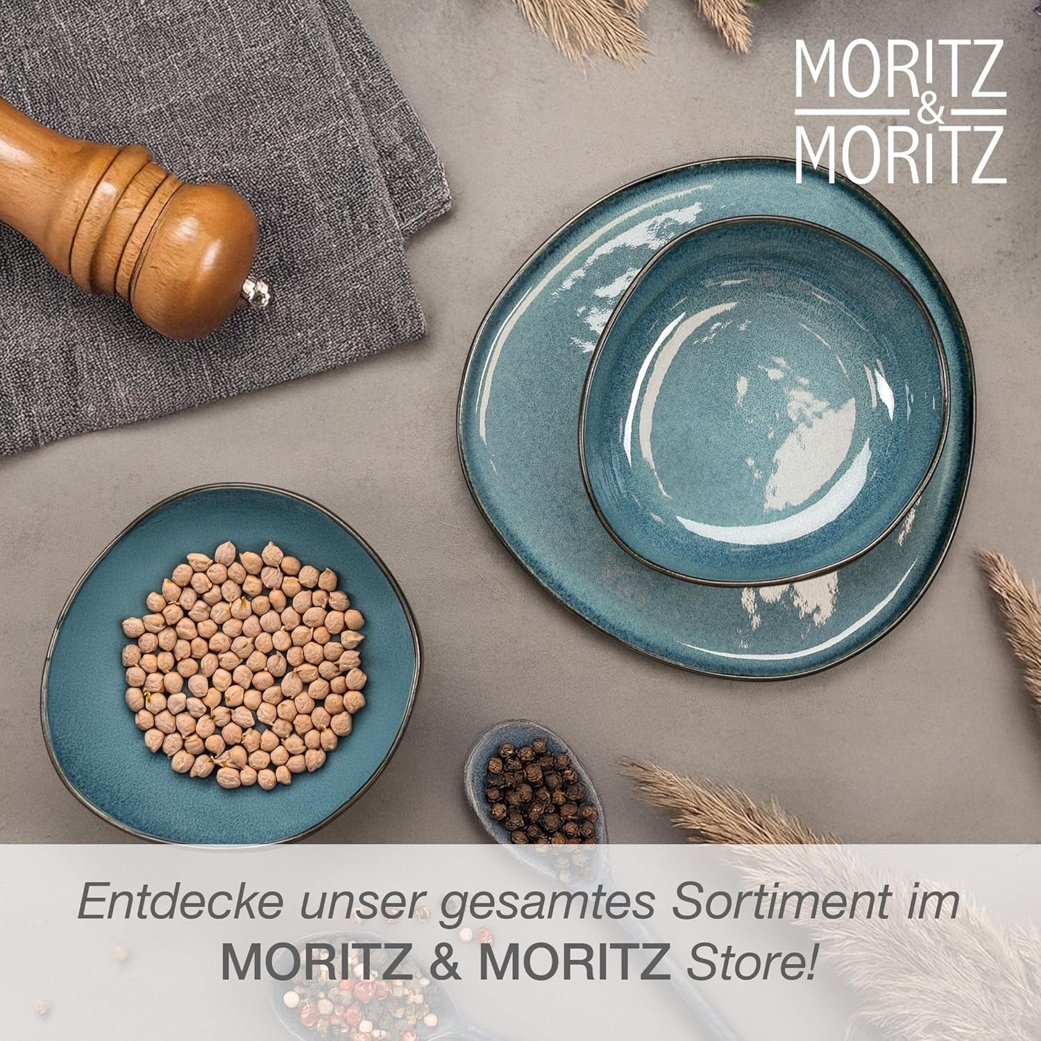 Moritz & Moritz ORGANIC Juego de cuencos para servir, azul - 2 cuencos grandes de gres de alta calidad, modernos y atemporales, aptos para microondas y lavavajillas - perfectos para ensaladas, pastas, snacks y más