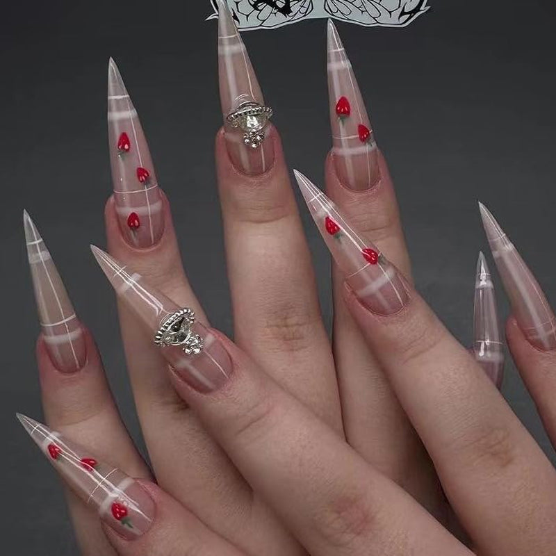 Mouyouglow-uñas largas Stiletto, color blanco lechoso, degradado, purpurina rosa, uñas postizas frescas con pegamento, uñas artificiales con purpurina rosa ombré